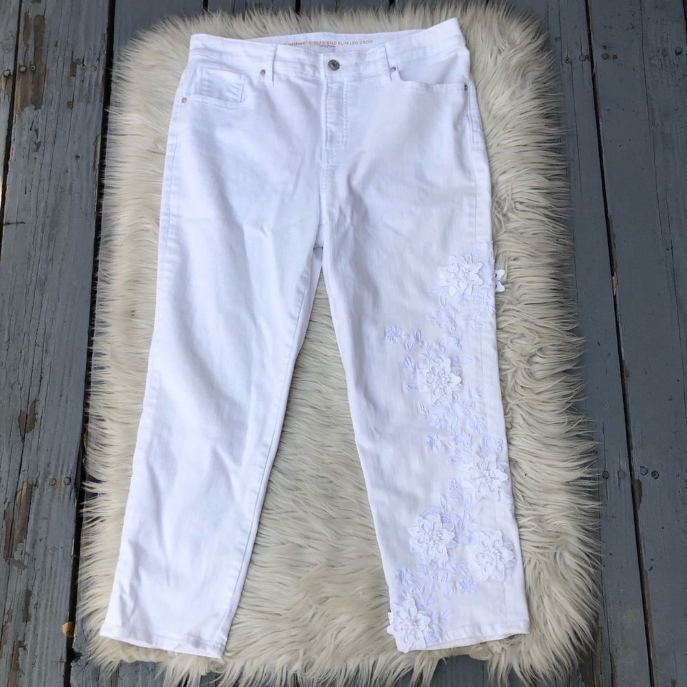 Chico’s So Slimming Girlfriend Slim Leg Crop 3D Embroidered Floral White Jeans 1